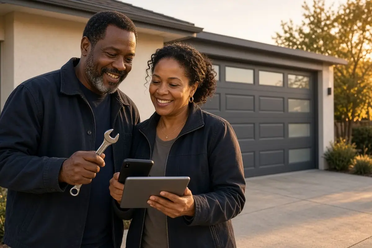 AI-illustrated fictional husband and wife garage door business owners smiling at a phone