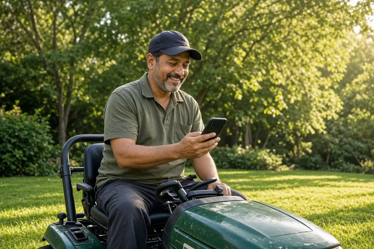 AI-illustrated fictional landscaper on a mower reading a text