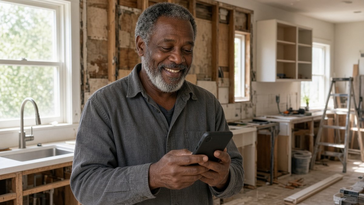 AI-generated illustration of a fictional remodeling pro checking a text on the job